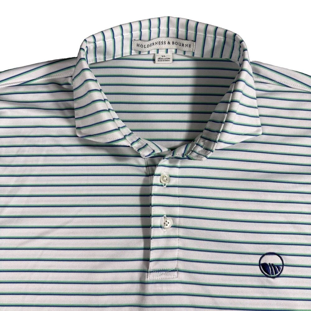 Holderness & Bourne Mens Golf Polo Shirt Blue Green Stripe Sz XL The Cliffs Logo